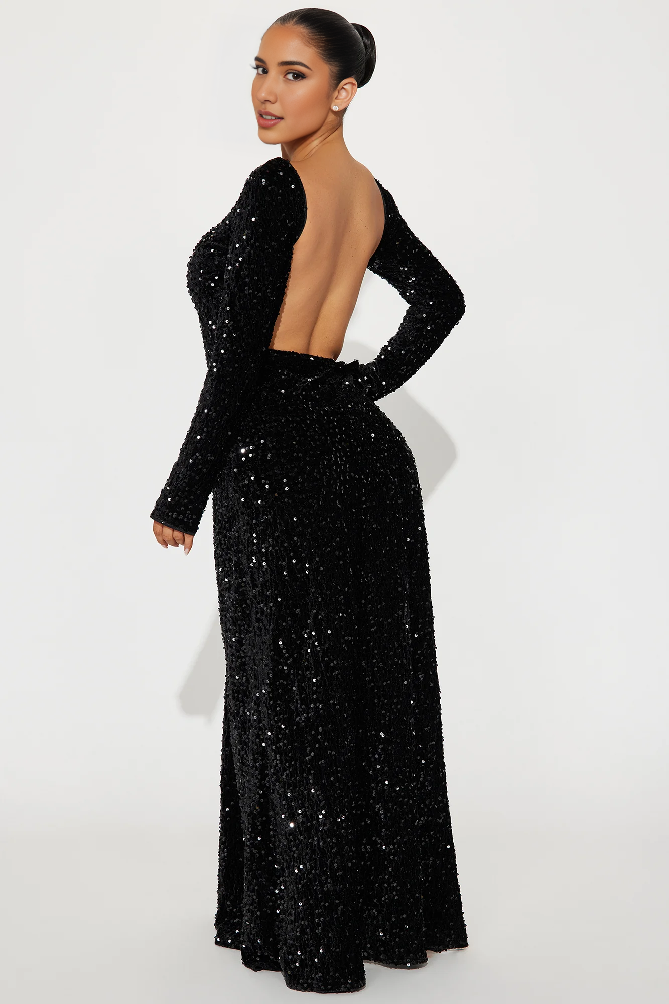 Weitese Dress Backless Sequin Gown Long Sleeves Round Neck With Hight Slit Floor Length Black Party Dress