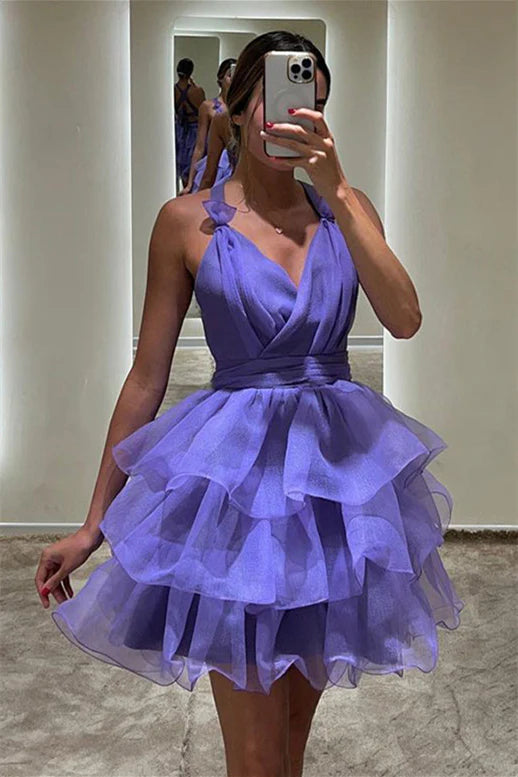 Weitese Dress Backless V Neck Purple Tiered A-line Short Dress Homecoming Dress