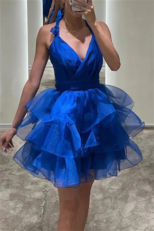 Weitese Dress Backless V Neck Purple Tiered A-line Short Dress Homecoming Dress