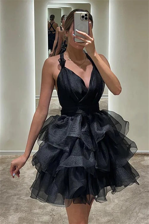 Weitese Dress Backless V Neck Purple Tiered A-line Short Dress Homecoming Dress