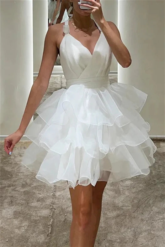 Weitese Dress Backless V Neck Purple Tiered A-line Short Dress Homecoming Dress