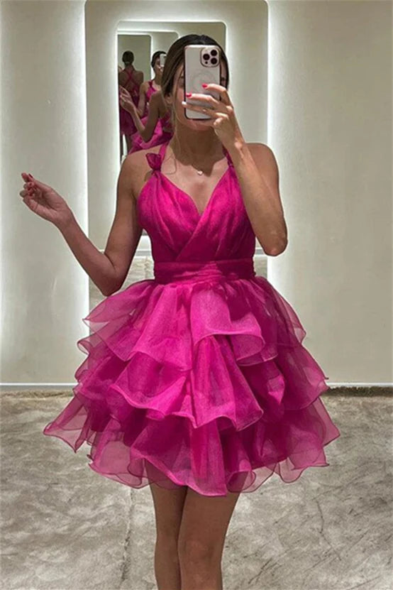 Weitese Dress Backless V Neck Purple Tiered A-line Short Dress Homecoming Dress