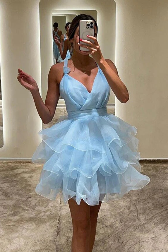 Weitese Dress Backless V Neck Purple Tiered A-line Short Dress Homecoming Dress