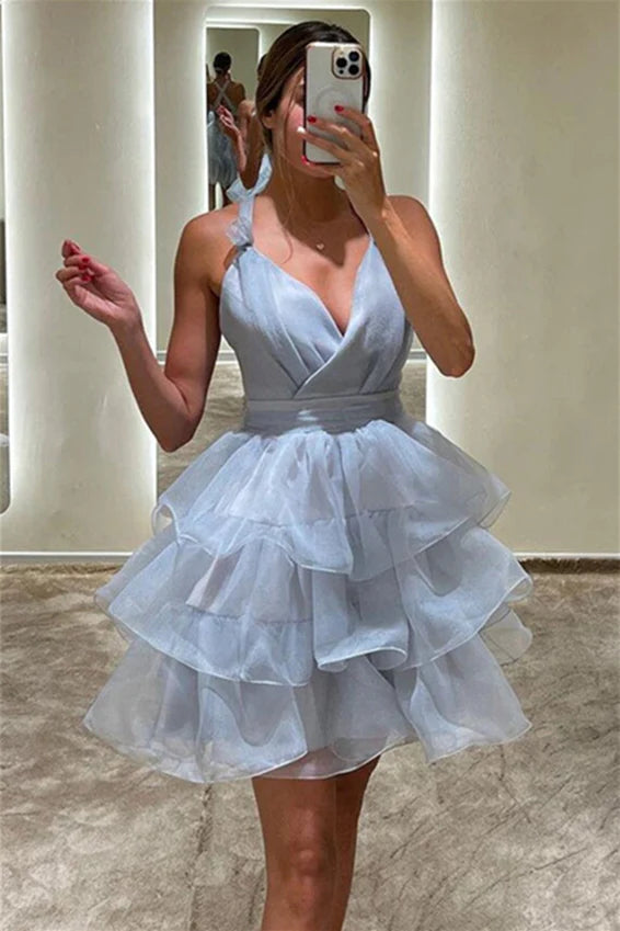 Weitese Dress Backless V Neck Purple Tiered A-line Short Dress Homecoming Dress