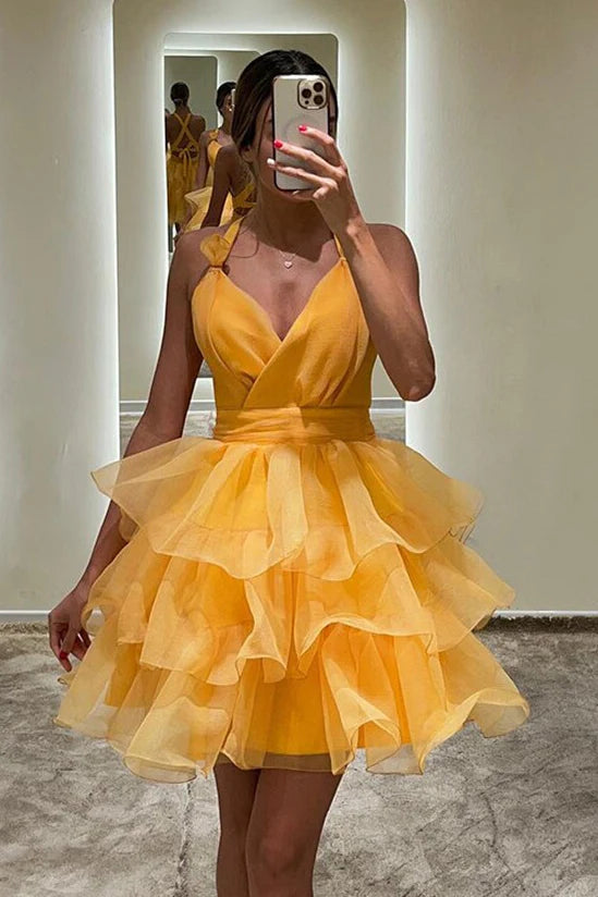 Weitese Dress Backless V Neck Purple Tiered A-line Short Dress Homecoming Dress