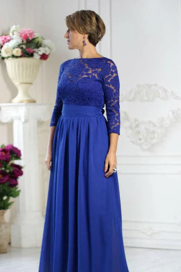 Weitese Dress Bateau Lace 3-4 Sleeve A-line Pleated Chiffon Long Dress Lace Up Mother of the Bride Dress