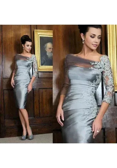 Weitese Dress Bateau Sheath Knee-length 3-4 Length Sleeve Satin Lace Appliques With Zipper Back Mother of Bride Dress