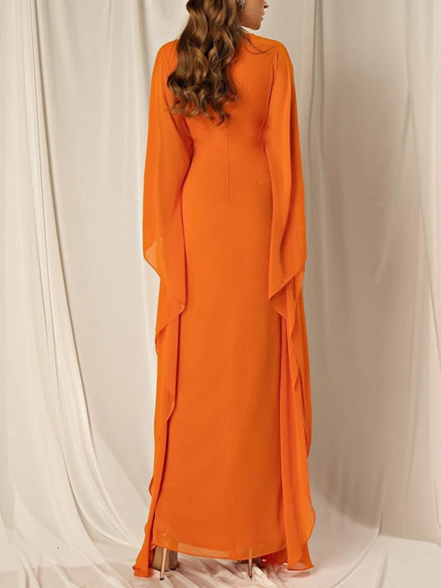 Weitese Dress Beach Sheath Elegant Dress Formal Fall Ankle Length Long Sleeve V Neck Chiffon With Ruched Ruffles Evening Dress