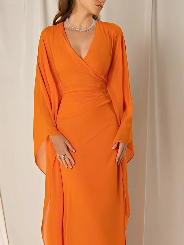 Weitese Dress Beach Sheath Elegant Dress Formal Fall Ankle Length Long Sleeve V Neck Chiffon With Ruched Ruffles Evening Dress