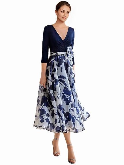 Weitese Dress Beach Wedding A-Line Formal Wedding Guest Elegant Scoop Neck V Neck Ankle Length Chiffon Sequined 3/4 Length Sleeve With Flower Wedding Guest Dress 2025 Mother of the Bride Dress