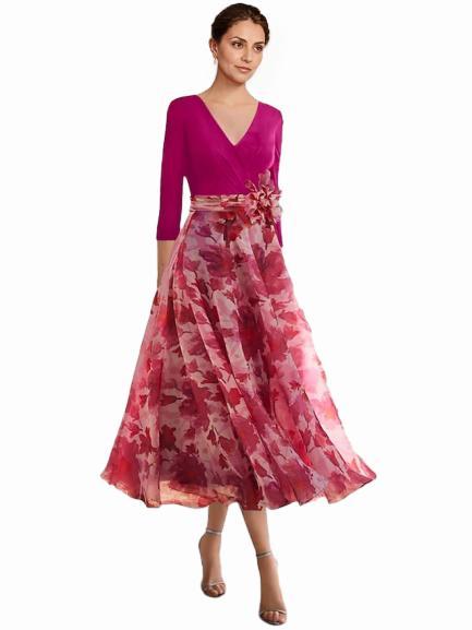 Weitese Dress Beach Wedding A-Line Formal Wedding Guest Elegant Scoop Neck V Neck Ankle Length Chiffon Sequined 3/4 Length Sleeve With Flower Wedding Guest Dress 2025 Mother of the Bride Dress