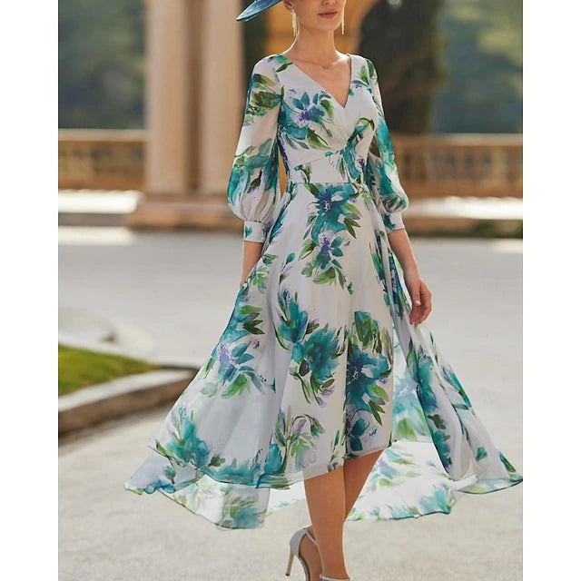 Weitese Dress Beach Wedding A-Line Formal Wedding Guest Semi-formal Elegant V Neck Tea Length Chiffon 3/4 Length Sleeve With Flower Wedding Guest Dress Mother of the Bride Dress