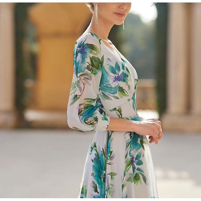 Weitese Dress Beach Wedding A-Line Formal Wedding Guest Semi-formal Elegant V Neck Tea Length Chiffon 3/4 Length Sleeve With Flower Wedding Guest Dress Mother of the Bride Dress