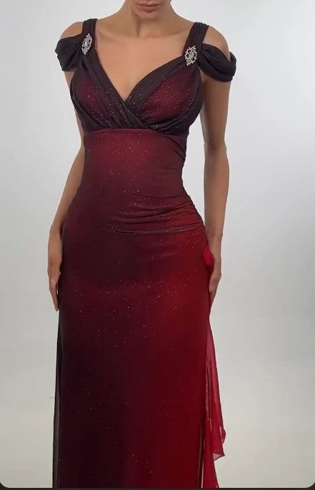 Robe Weitese Belle robe de bal longue en mousseline de soie rouge ombré à bretelles et col en V 