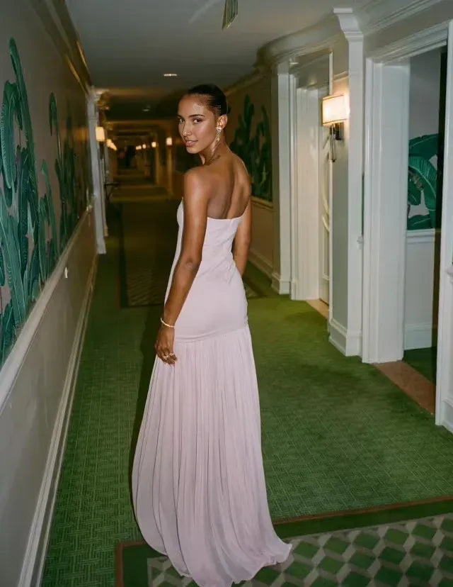 Vestido Weitese, hermoso vestido de fiesta de gasa rosa largo con escote sirena sin tirantes y vestido de graduación. 