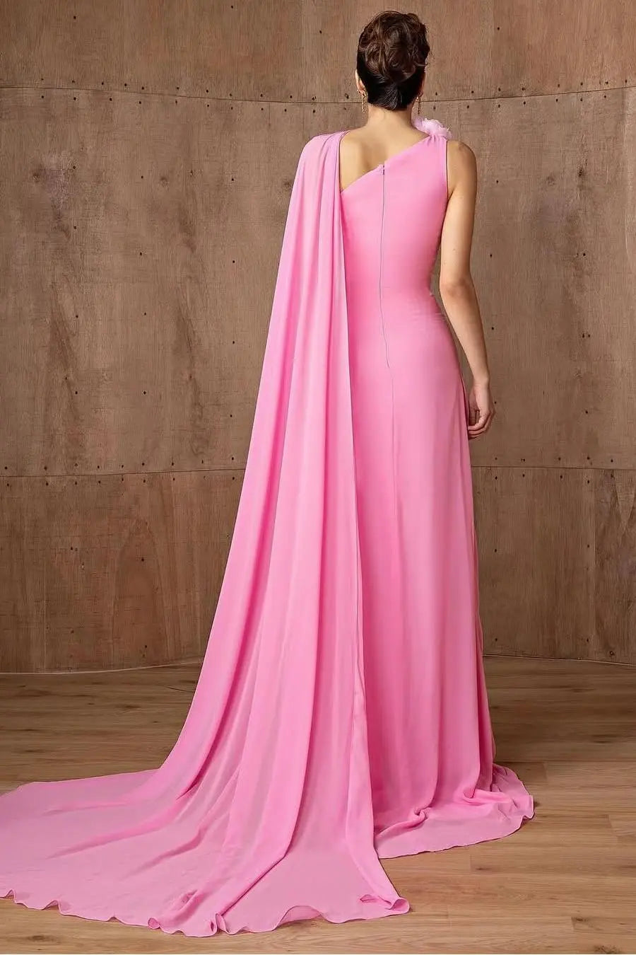 Weitese Dress Beautiful Pink Chiffon One Shoulder Sleeveless Slim Prom Dress With Flower