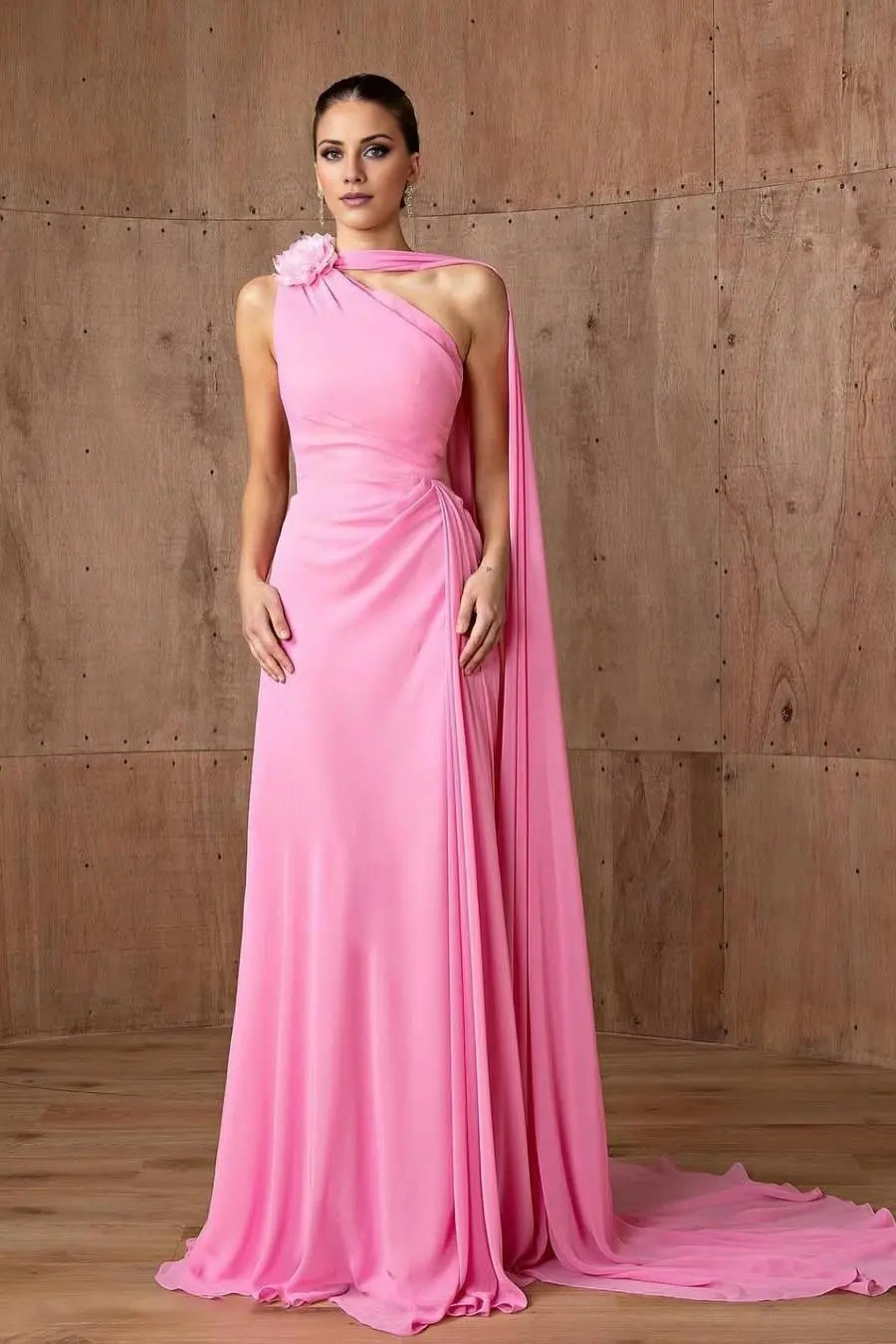 Weitese Dress Beautiful Pink Chiffon One Shoulder Sleeveless Slim Prom Dress With Flower