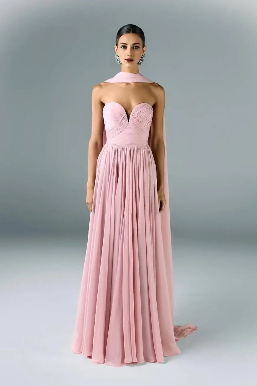 Weitese Dress Beautiful Rose Pink Satin Strapless Sweetheart Sleeveless Maxi Dress Pleated with Scarf Prom Dress