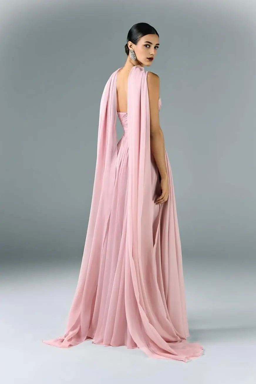 Weitese Dress Beautiful Rose Pink Satin Strapless Sweetheart Sleeveless Maxi Dress Pleated with Scarf Prom Dress