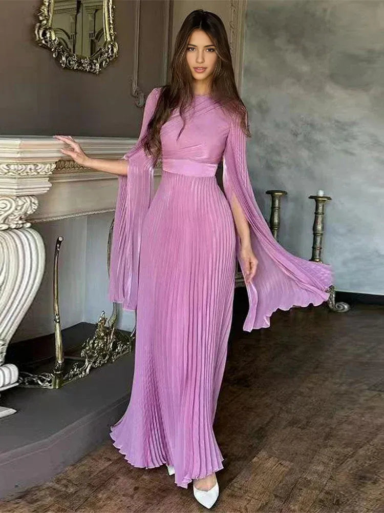 Weitese Dress Bell Long Sleeve Maxi Dress Party Dress Khaki Round Neck Pleated Floor Length Prom Dress