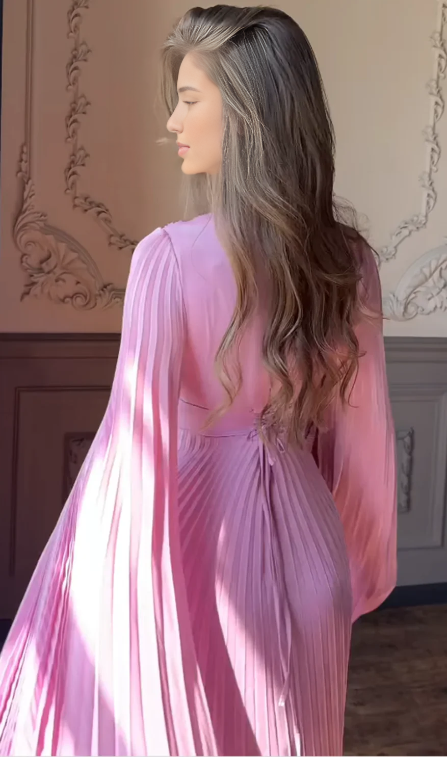 Weitese Dress Bell Long Sleeve Maxi Dress Party Dress Khaki Round Neck Pleated Floor Length Prom Dress