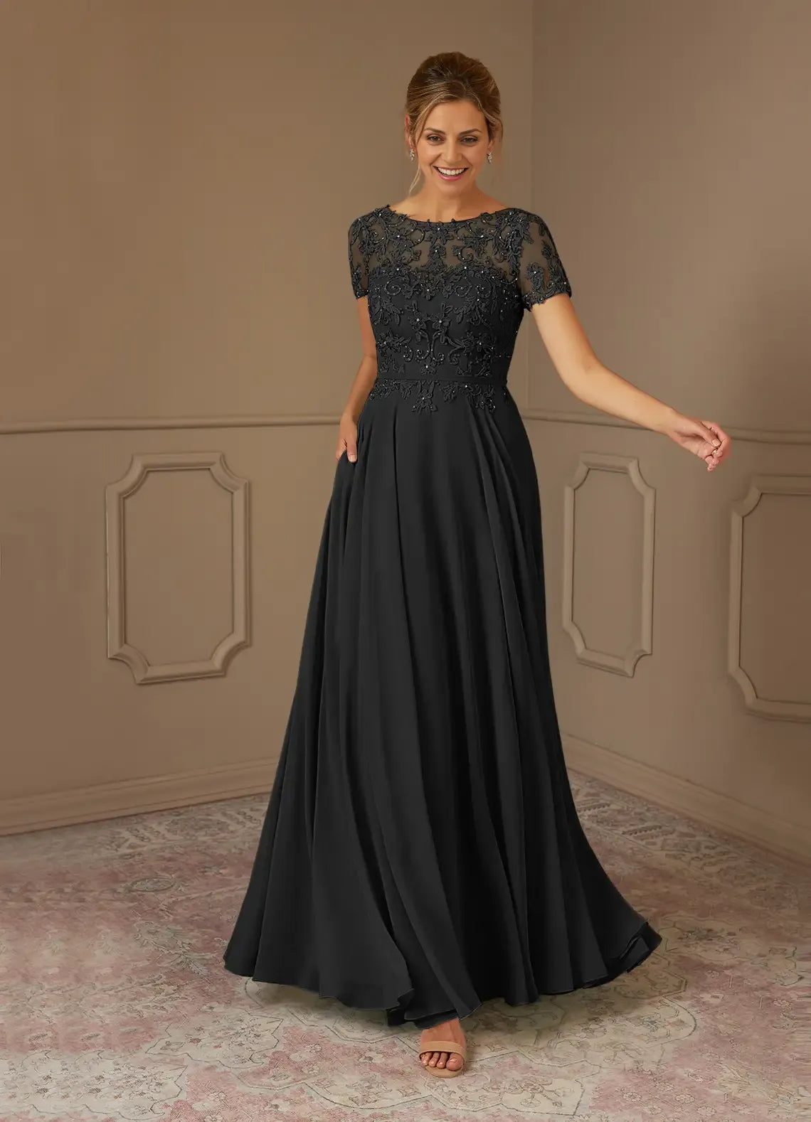 Weitese Dress Black A-Line Boat Neck Sequins Chiffon Maxi Dress Modern Short Sleeve Scoop Back Mother of the Bride Dress