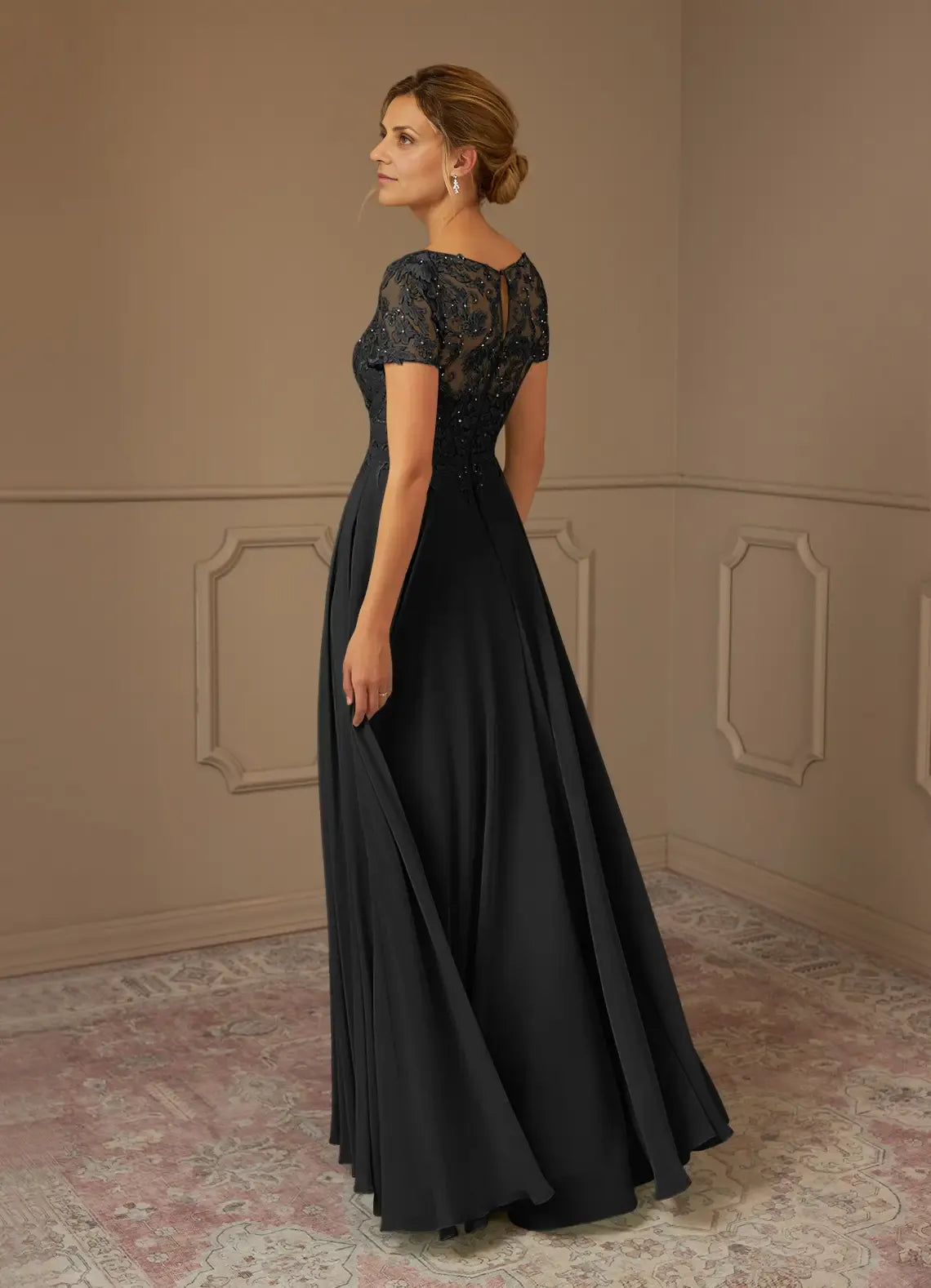 Weitese Dress Black A-Line Boat Neck Sequins Chiffon Maxi Dress Modern Short Sleeve Scoop Back Mother of the Bride Dress