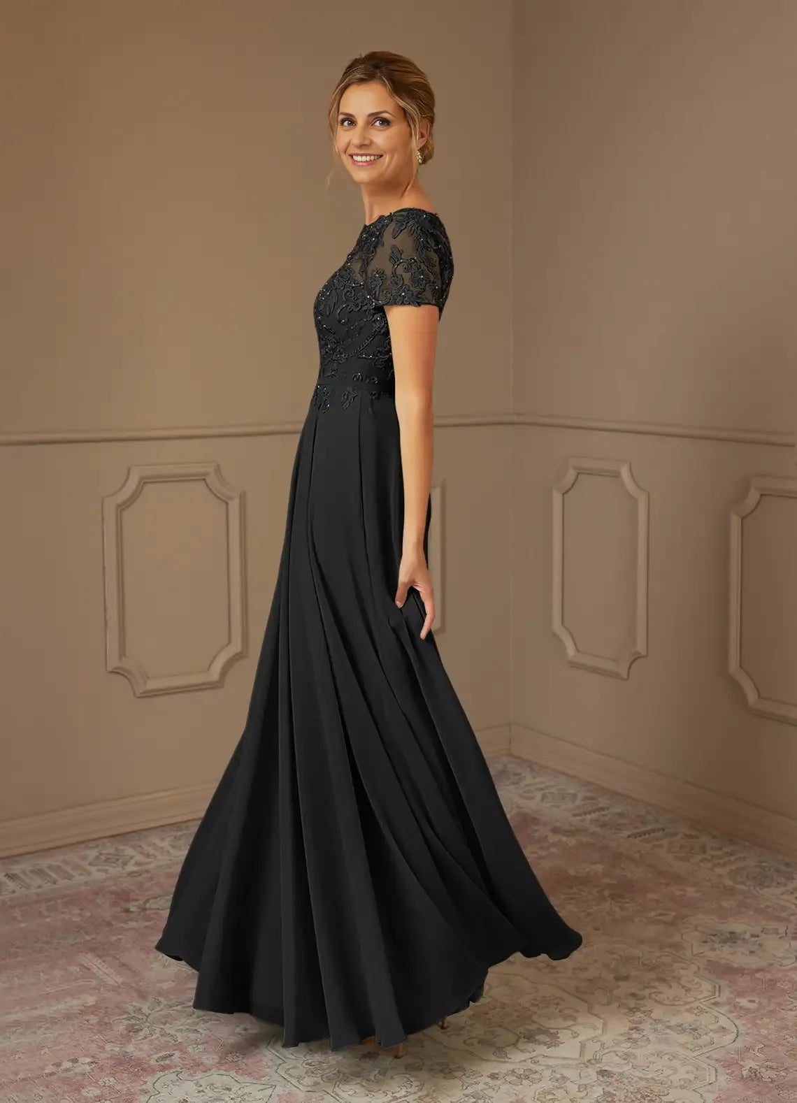 Weitese Dress Black A-Line Boat Neck Sequins Chiffon Maxi Dress Modern Short Sleeve Scoop Back Mother of the Bride Dress