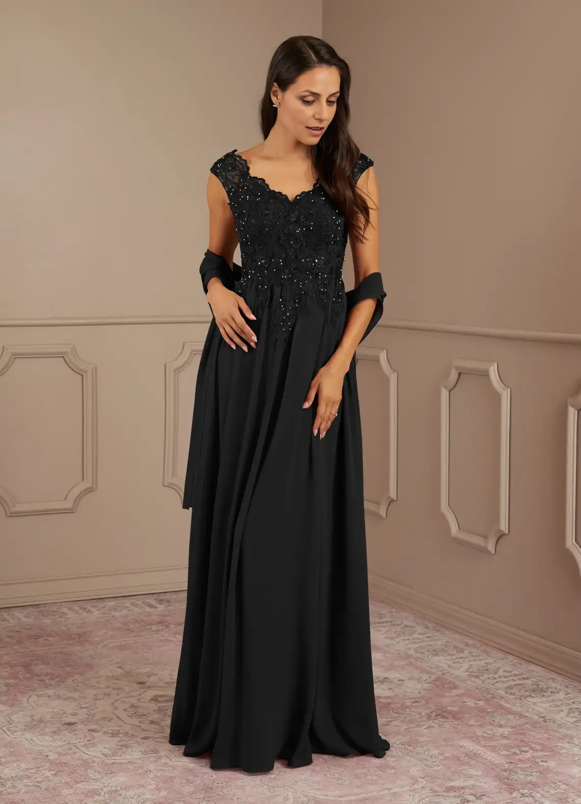 Weitese Dress Black A-Line V-Neck Lace Sequins Chiffon Maxi Dress Modern Cap Sleeves V Back Mother of the Bride Dress