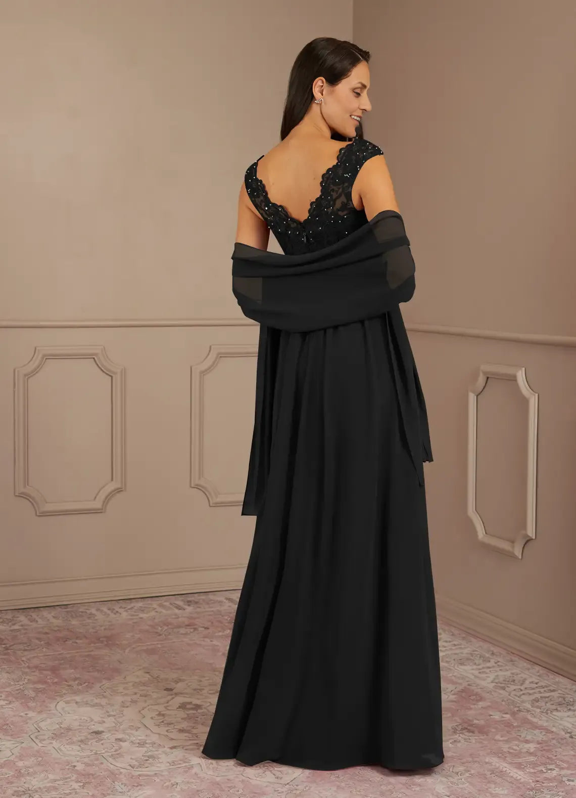 Weitese Dress Black A-Line V-Neck Lace Sequins Chiffon Maxi Dress Modern Cap Sleeves V Back Mother of the Bride Dress