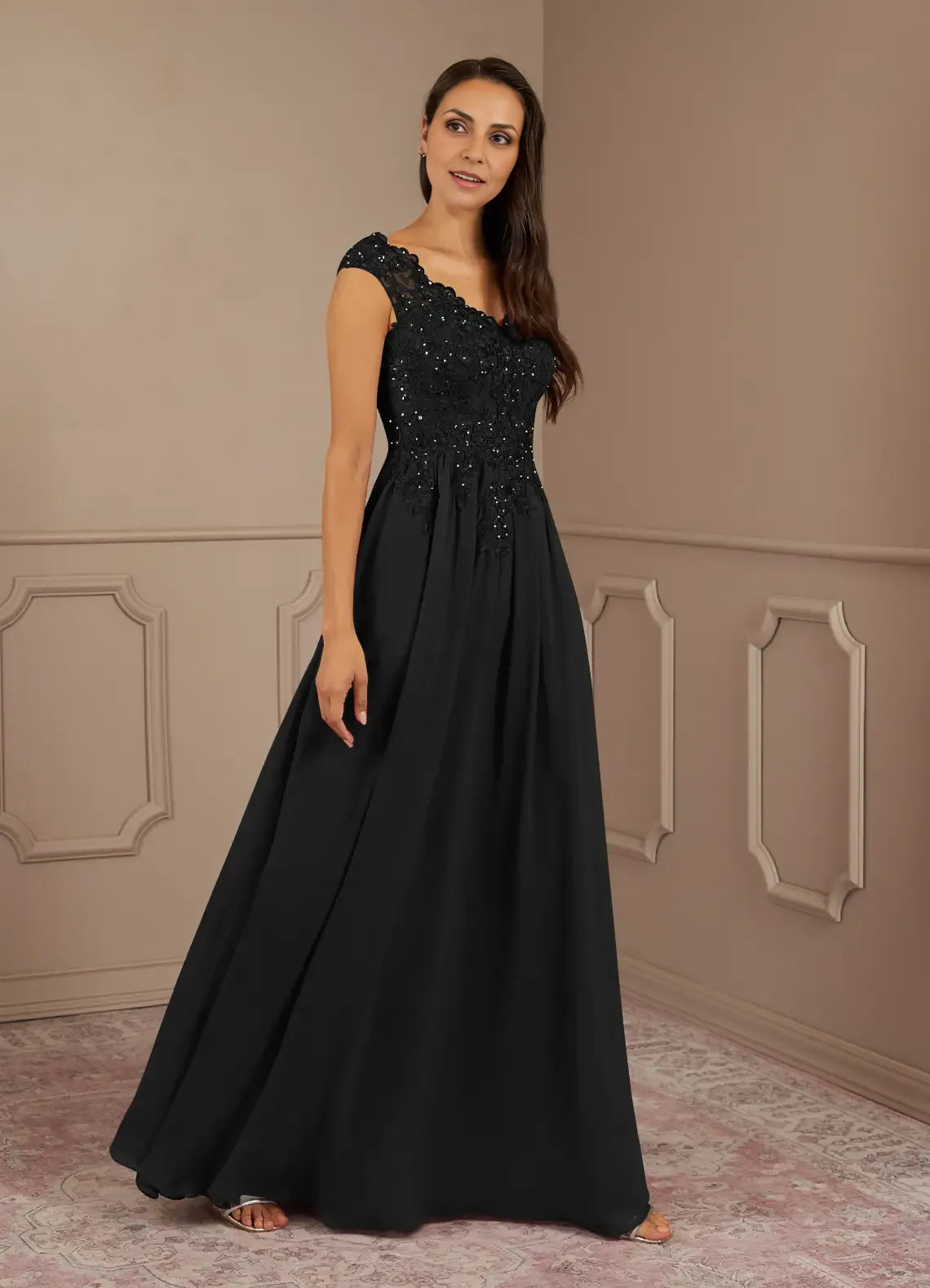 Weitese Dress Black A-Line V-Neck Lace Sequins Chiffon Maxi Dress Modern Cap Sleeves V Back Mother of the Bride Dress