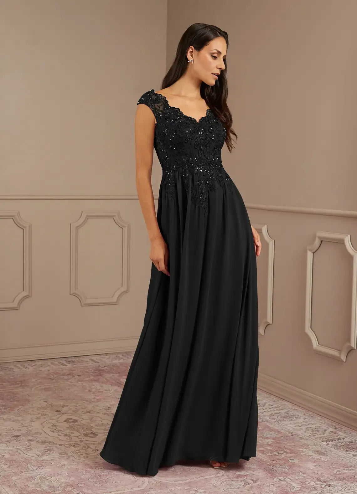 Weitese Dress Black A-Line V-Neck Lace Sequins Chiffon Maxi Dress Modern Cap Sleeves V Back Mother of the Bride Dress