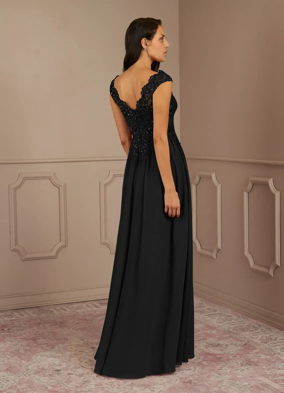 Weitese Dress Black A-Line V-Neck Lace Sequins Chiffon Maxi Dress Modern Cap Sleeves V Back Mother of the Bride Dress