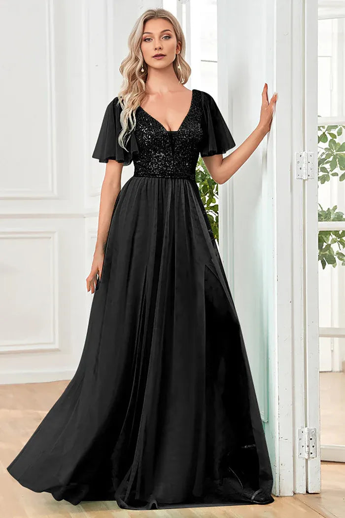 Weitese Dress Black A-Line V Neck Party Dress Maxi Dress Sleeveless With Sequins Prom Dress