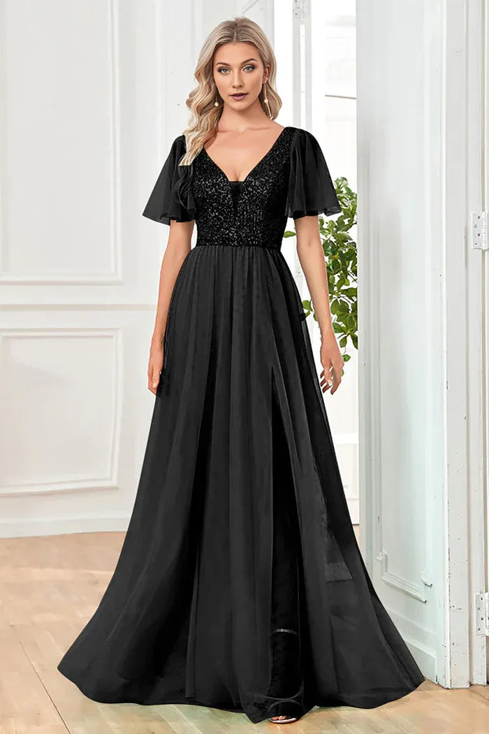 Robe Weitese noire trapèze, col en V, robe de soirée longue sans manches avec paillettes, robe de bal 