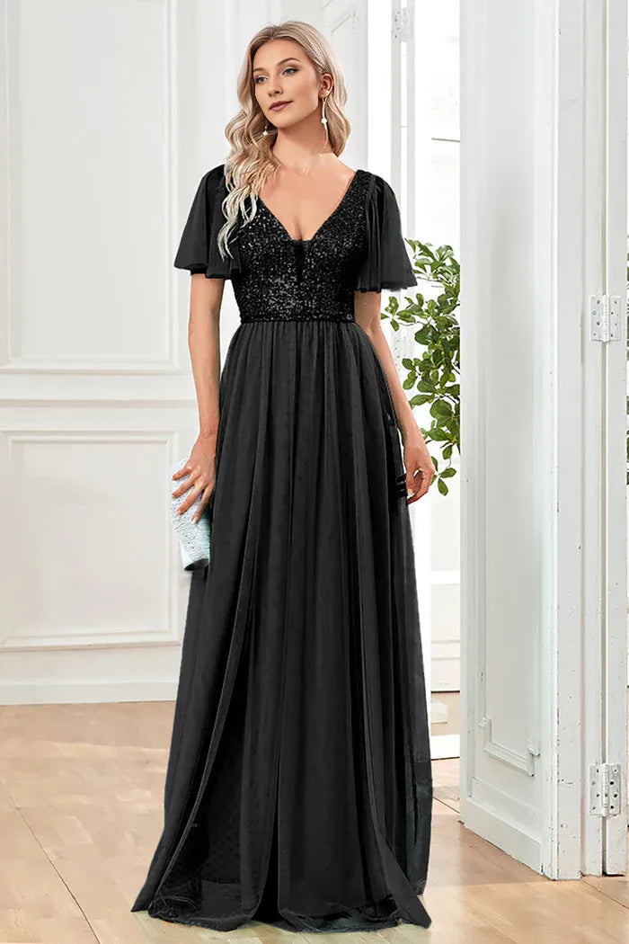Robe Weitese noire trapèze, col en V, robe de soirée longue sans manches avec paillettes, robe de bal 