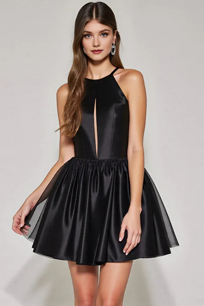 Weitese Dress Black A Line Halter Keyhole Short Homecoming Dress Sleeveless Backless Party Dress