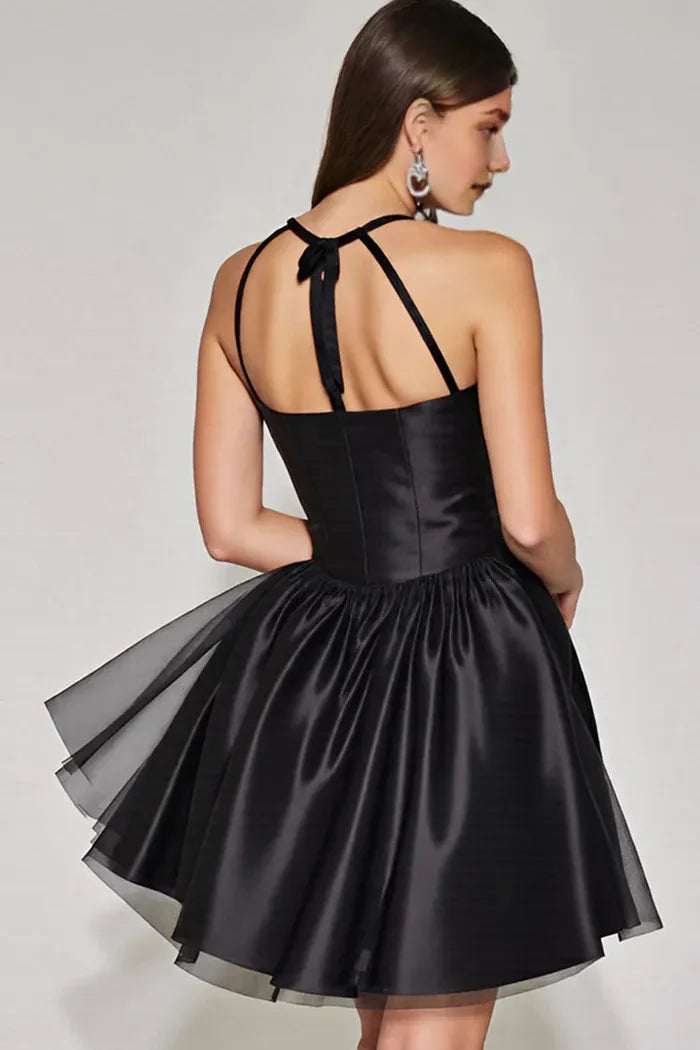 Weitese Dress Black A Line Halter Keyhole Short Homecoming Dress Sleeveless Backless Party Dress