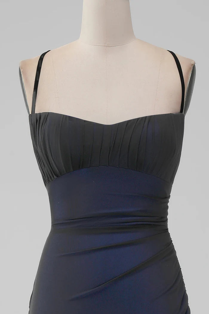 Weitese Dress Black Blue Spaghetti Straps Mermaid Pleated Lace Up Prom Dress With Slit