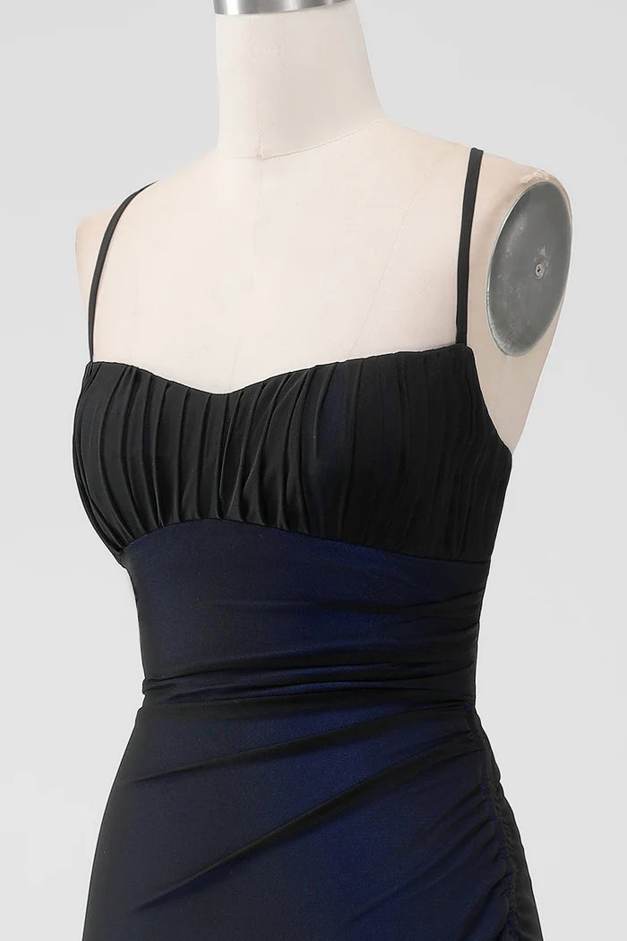 Weitese Dress Black Blue Spaghetti Straps Mermaid Pleated Lace Up Prom Dress With Slit