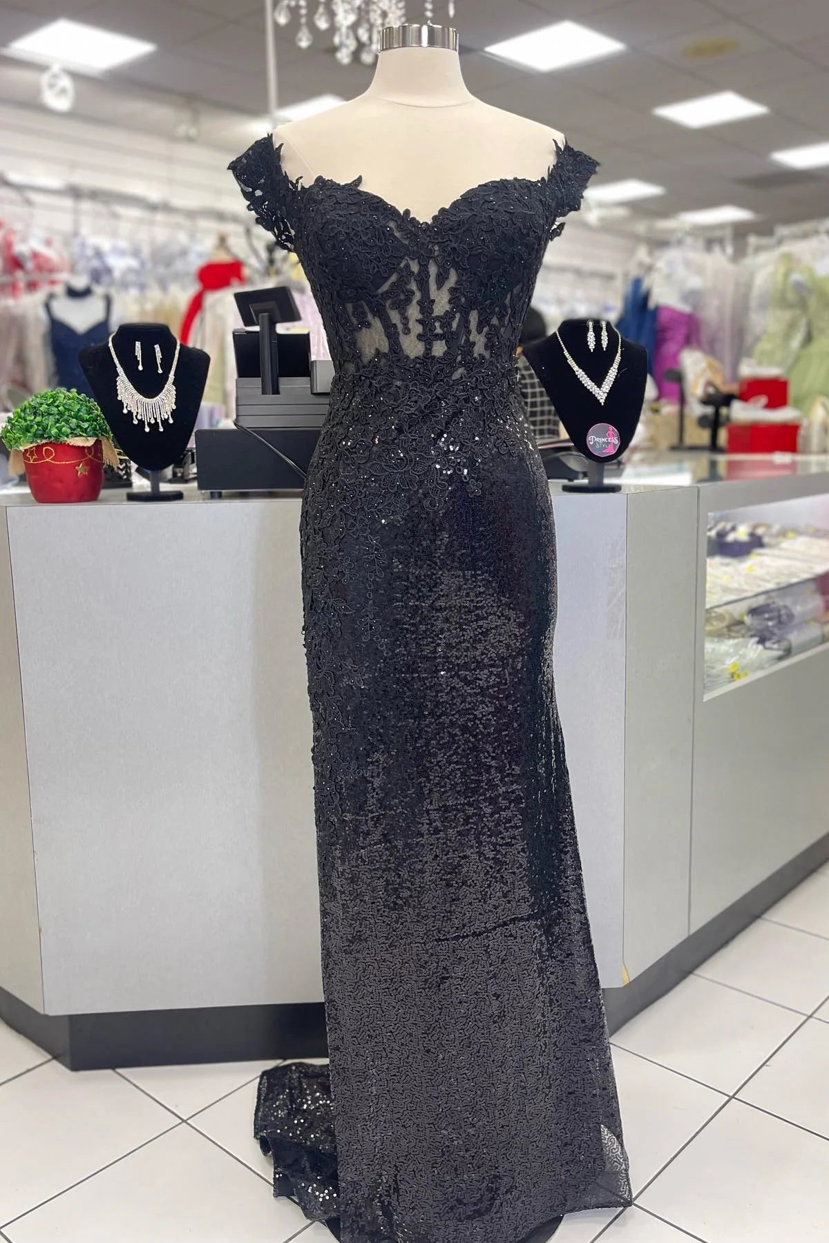 Weitese Dress Black Lace Appliques Sequin Mermaid Formal Dress Prom Dress
