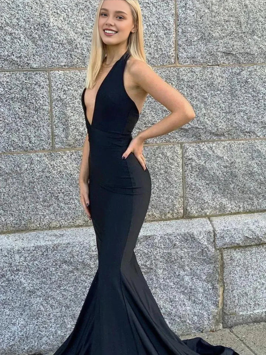 Robe Weitese noire longue sirène col en V satin dos nu robes de bal de fin d'année formelles