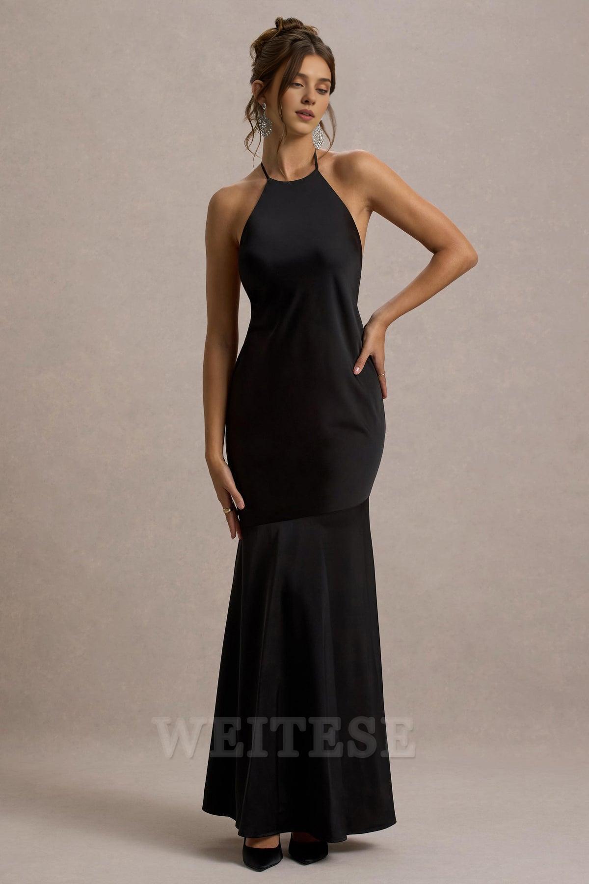 Robe Weitese en satin noir, dos nu, robe longue de demoiselle d'honneur, robe de bal longue à lacets 