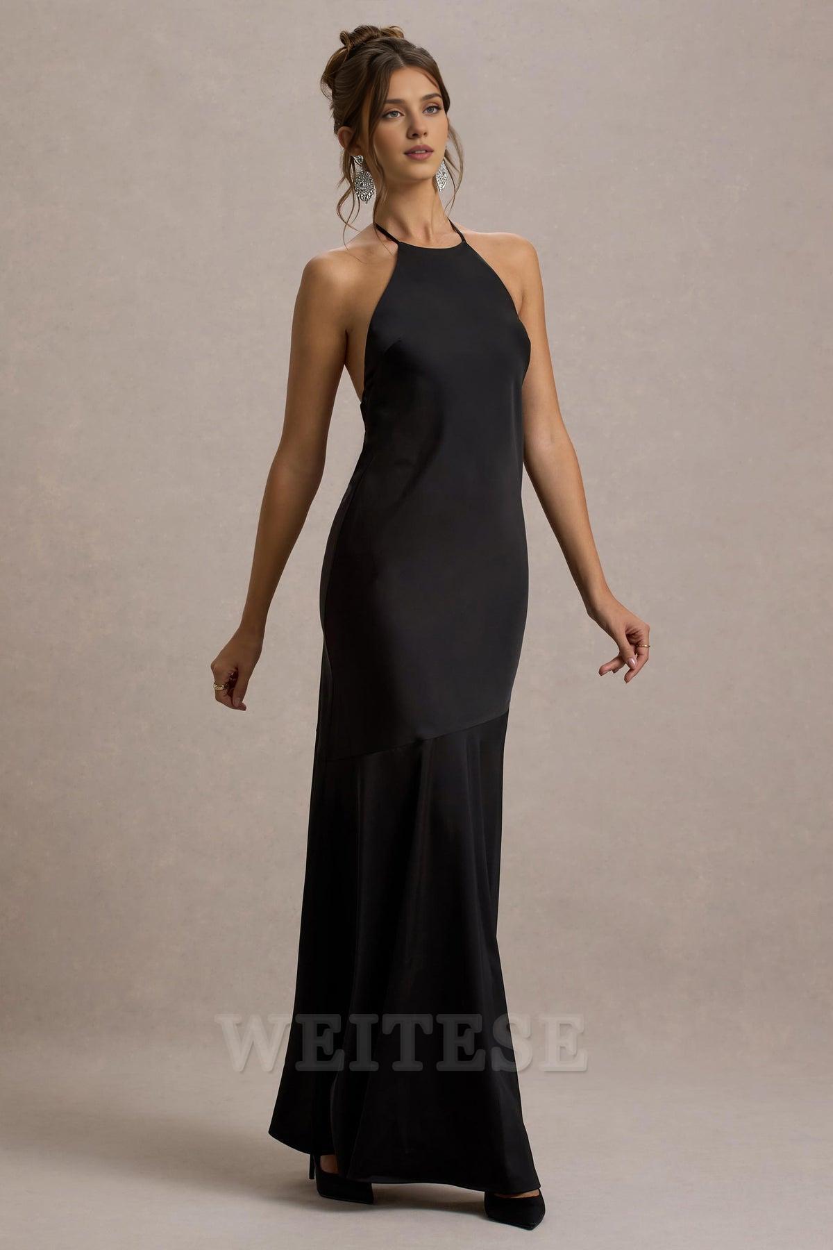 Robe Weitese en satin noir, dos nu, robe longue de demoiselle d'honneur, robe de bal longue à lacets 