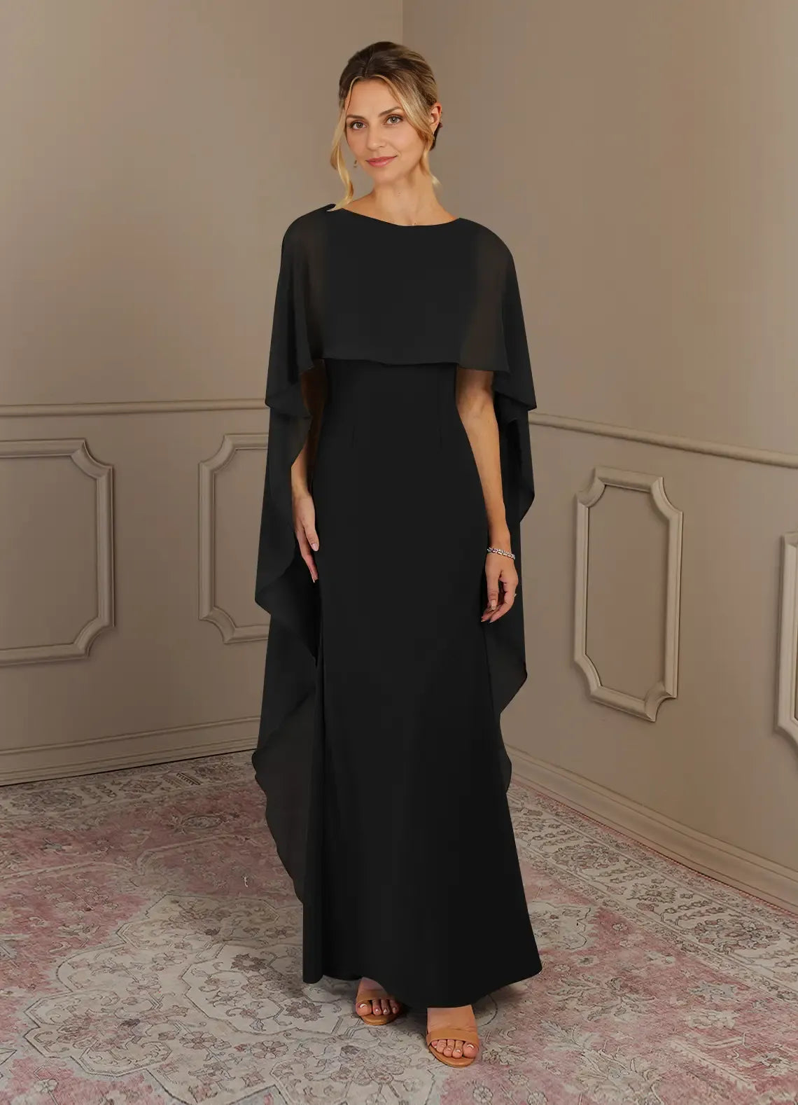 Weitese Dress Black Sheath Scoop Neck Maxi Dress Classic Cap Sleeves Back Zip Cascading Ruffles Mother of the Bride Dress