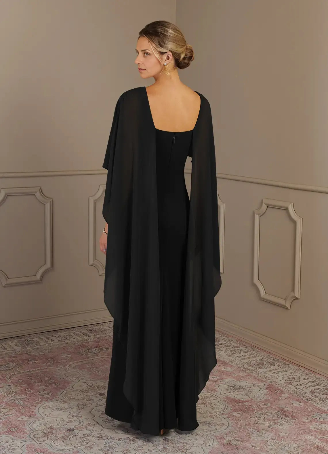 Weitese Dress Black Sheath Scoop Neck Maxi Dress Classic Cap Sleeves Back Zip Cascading Ruffles Mother of the Bride Dress