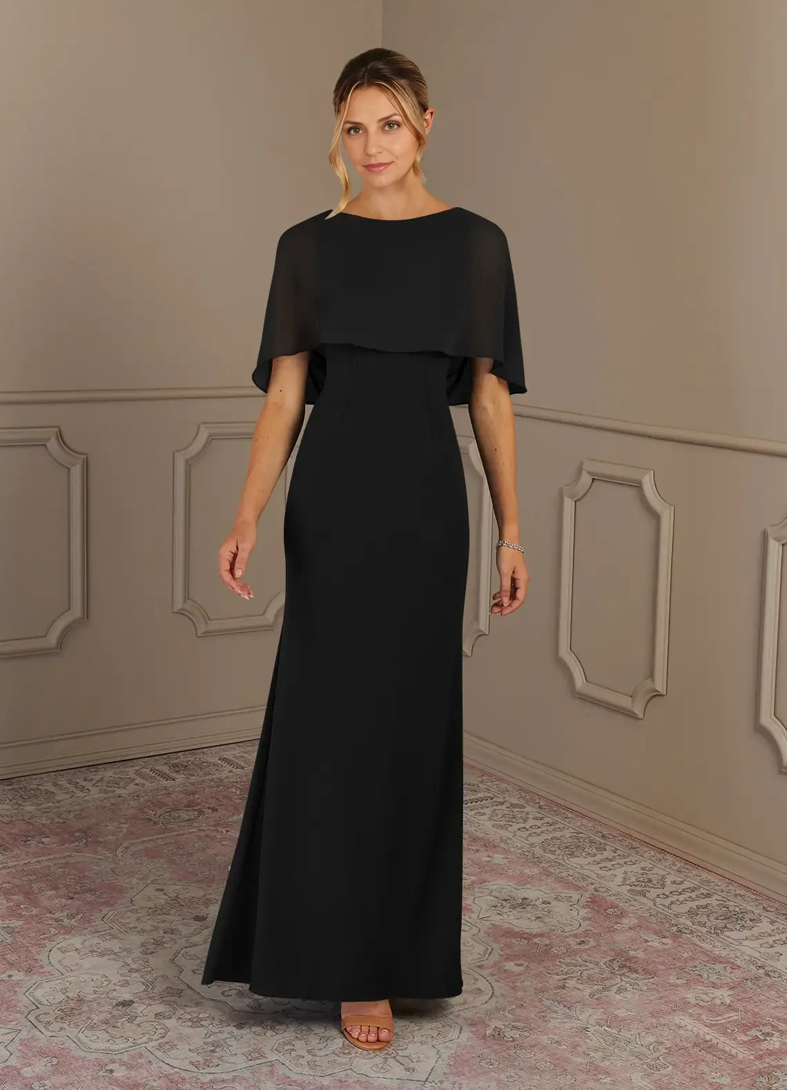 Weitese Dress Black Sheath Scoop Neck Maxi Dress Classic Cap Sleeves Back Zip Cascading Ruffles Mother of the Bride Dress