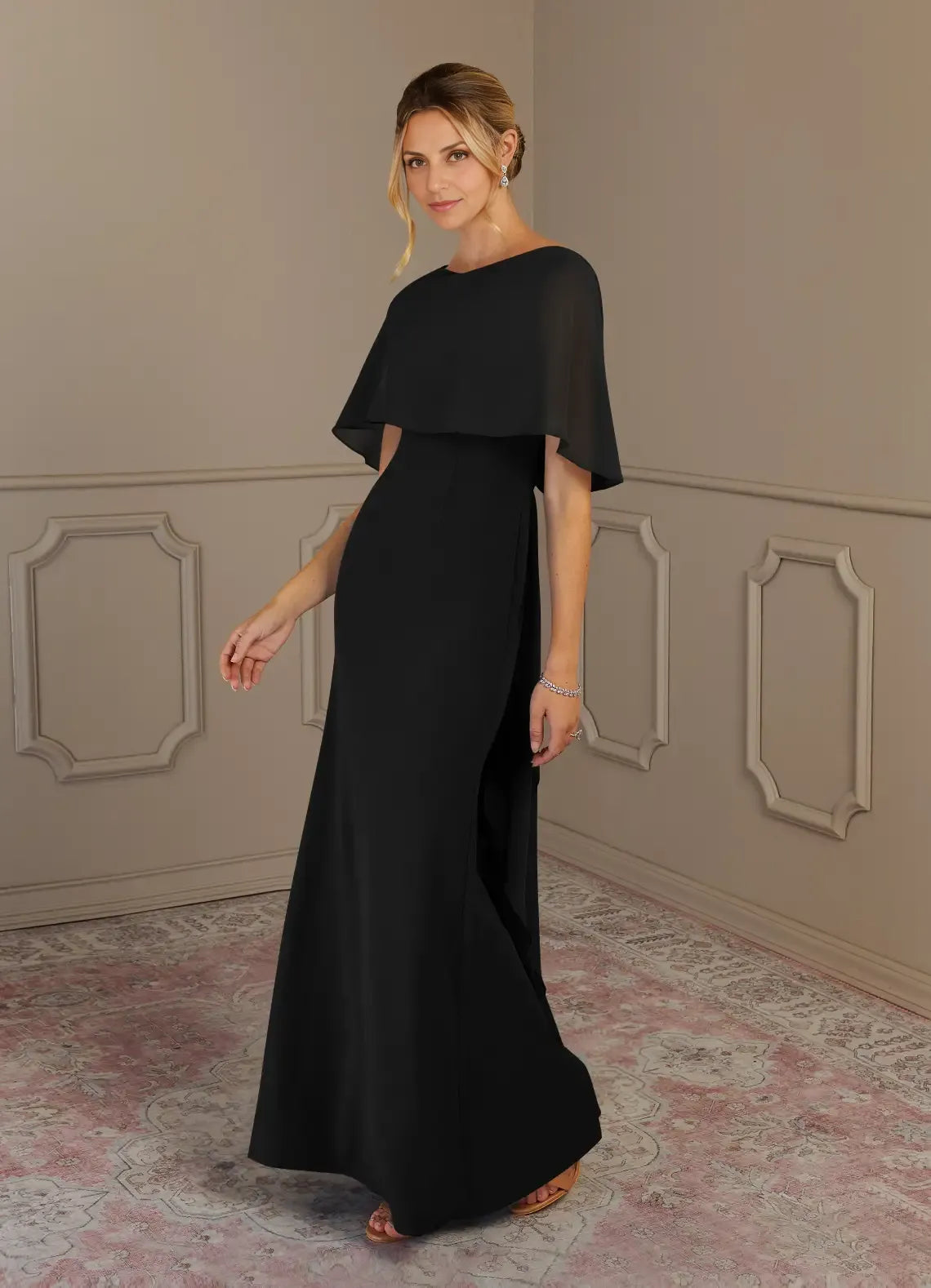 Weitese Dress Black Sheath Scoop Neck Maxi Dress Classic Cap Sleeves Back Zip Cascading Ruffles Mother of the Bride Dress
