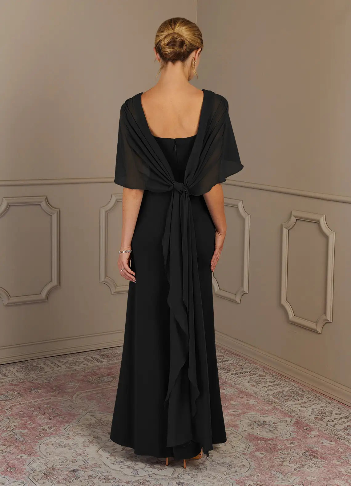 Weitese Dress Black Sheath Scoop Neck Maxi Dress Classic Cap Sleeves Back Zip Cascading Ruffles Mother of the Bride Dress