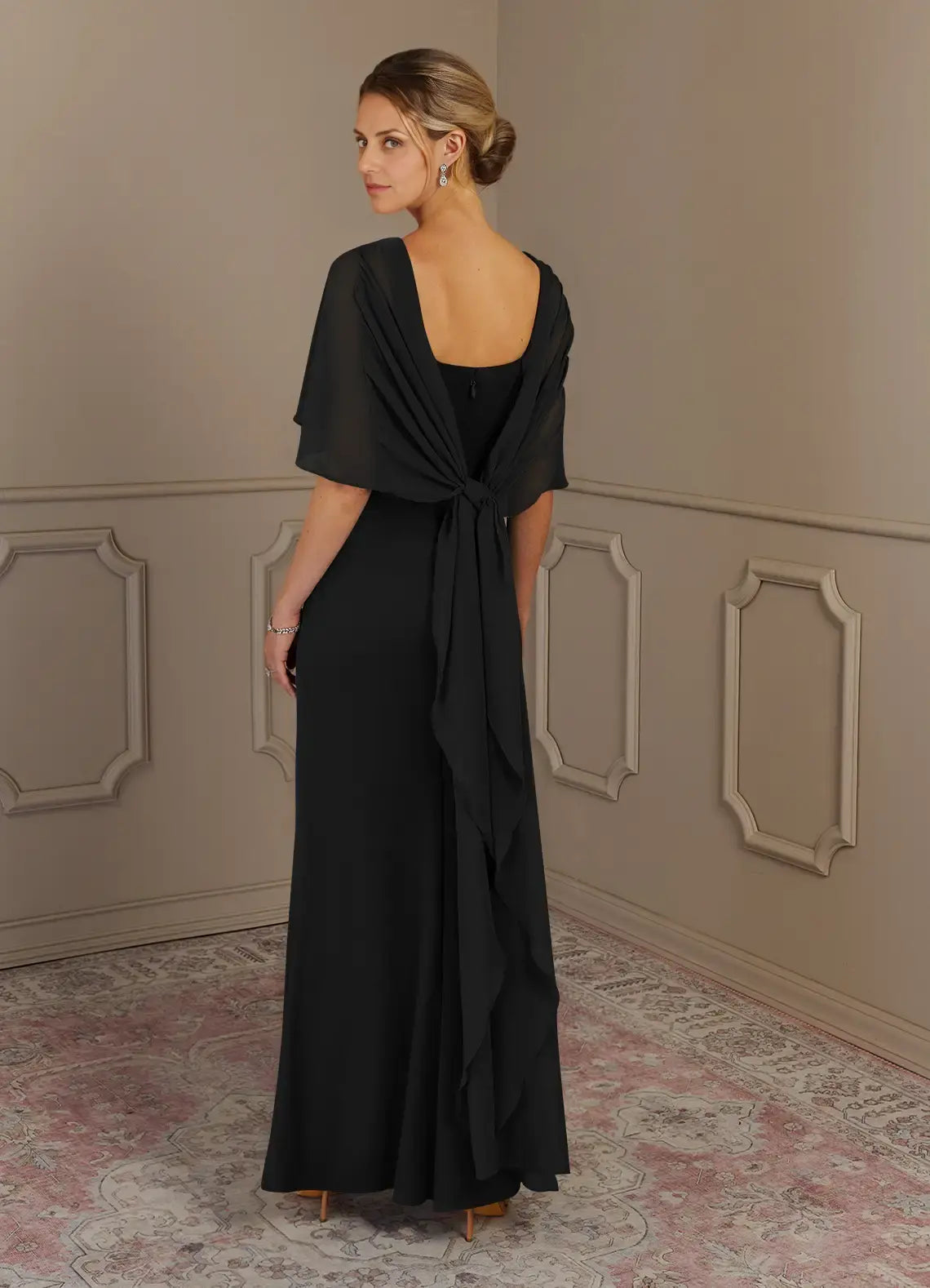 Weitese Dress Black Sheath Scoop Neck Maxi Dress Classic Cap Sleeves Back Zip Cascading Ruffles Mother of the Bride Dress